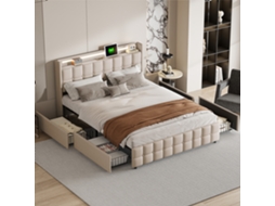 Cama Moderna Estofada Com Arrumação, 180 X 200 Cm, Cama De Casal Com Estação Led E Usb, 4 Gavetas, Edredão Em Linho Bege, Sem Colchão