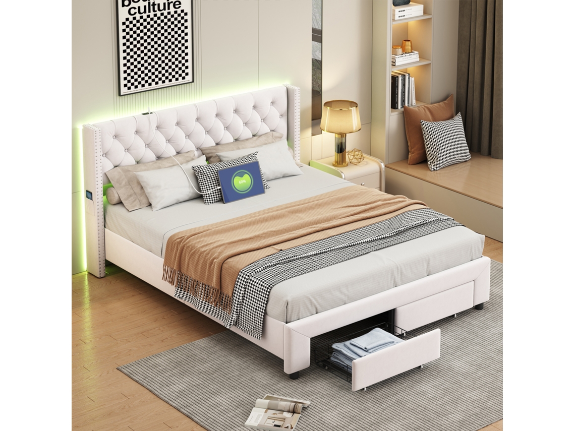 Cama Estofada 180x200 Cm Cama De Casal Em Veludo Bege,cabeceira Com Botões E Pregos,luzes Led,portas Usb, Bolsas De Arrumação E 2 Gavetas,rosahqnda