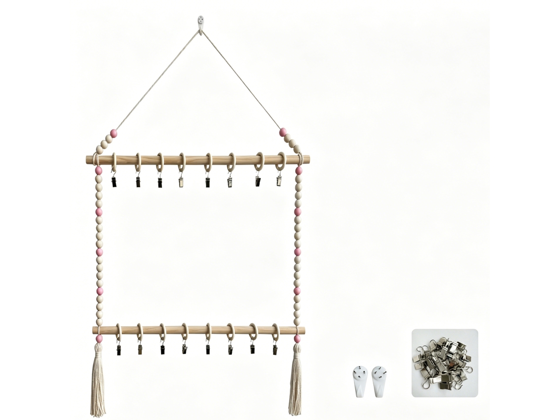 Suporte para Pendurar Organizador de Arame de Madeira para Quarto, Estilo Europeu, 2 Andares, com 2 Pregos Sem Rastros e 18 Pinças com Gancho ZSANFS