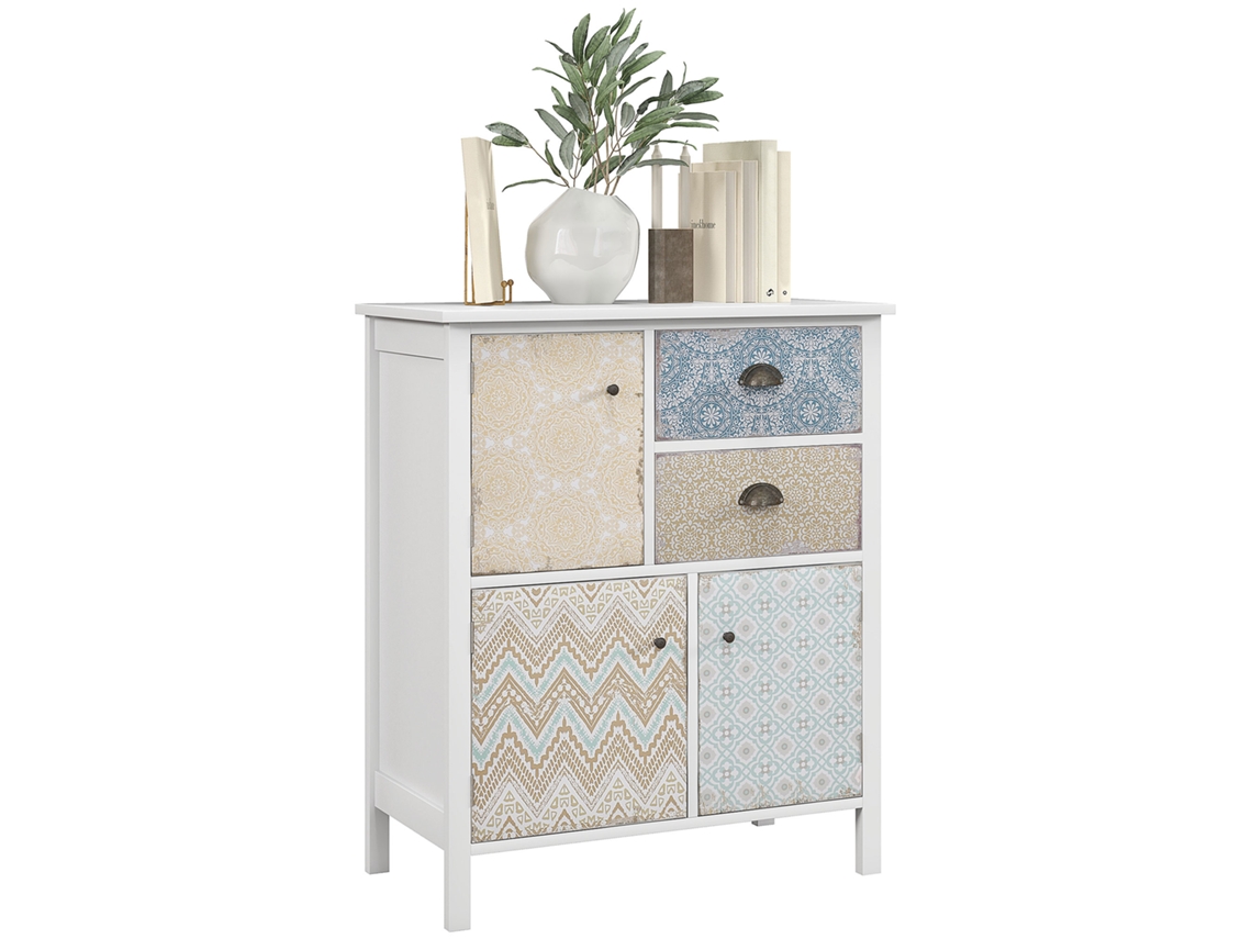 Cômoda BTFORUS shabby chic com 2 gavetas e 3 compartimentos pinho 68x34x80cm branco