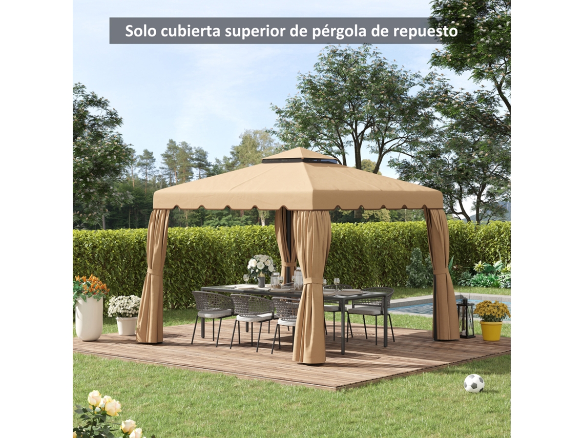 Cobertura de Substituição para Gazebo de 3x3 M, Cobertura de Substituição com Teto Duplo e 8 Orifícios de Drenagem, Cor Cáqui.