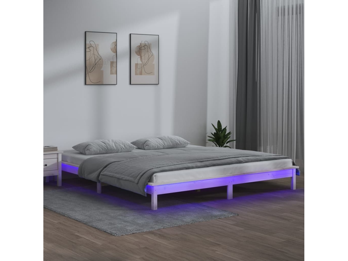Vidaxl Estrutura De Cama Com Luzes Led 120x200cm Madeira Maciça Branco