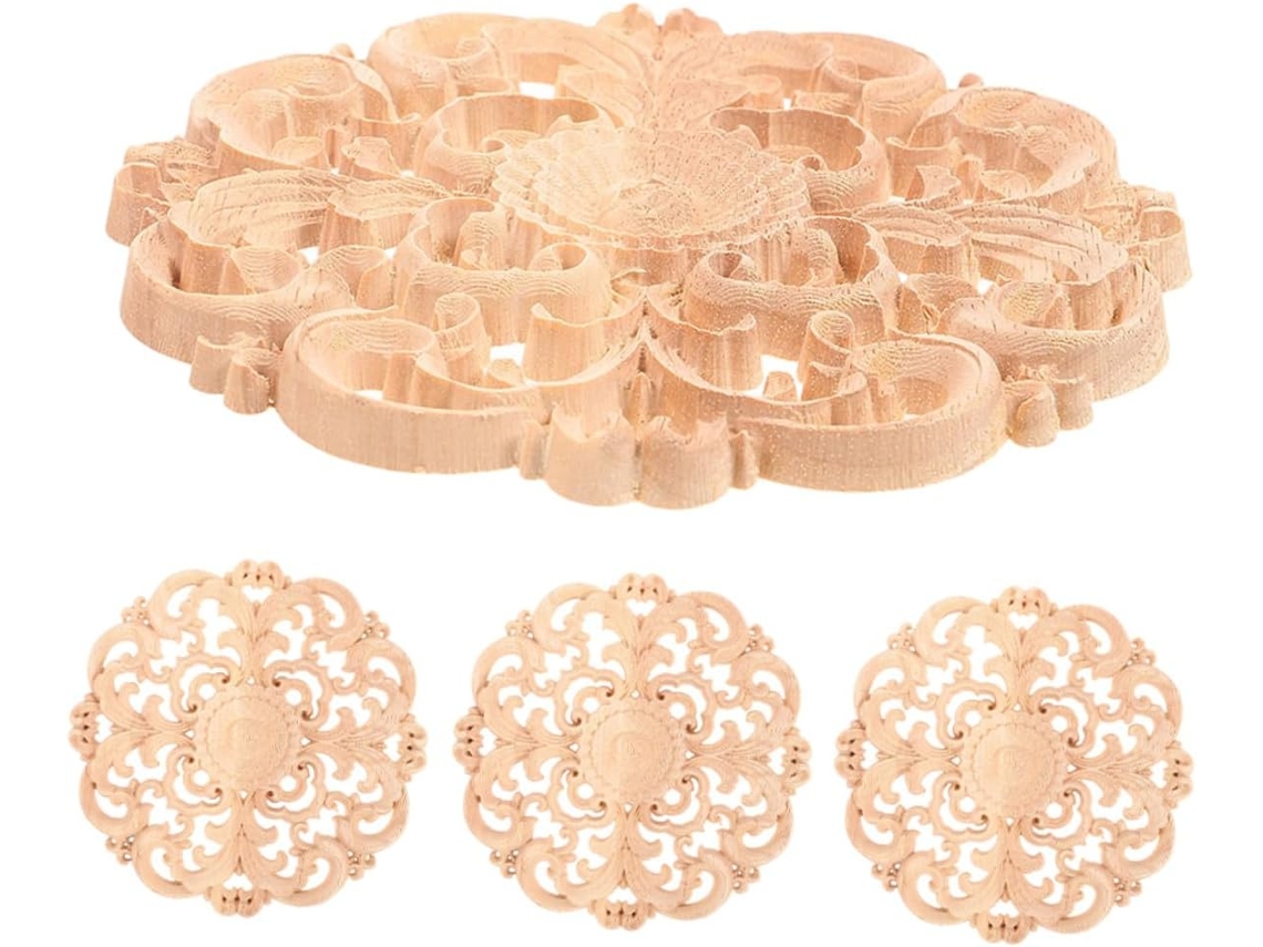Artibetter Conjunto De 4 Peças Decalques Redondos Madeira Para Decoração Casa, Ornamentos Esculpidos Em Madeira