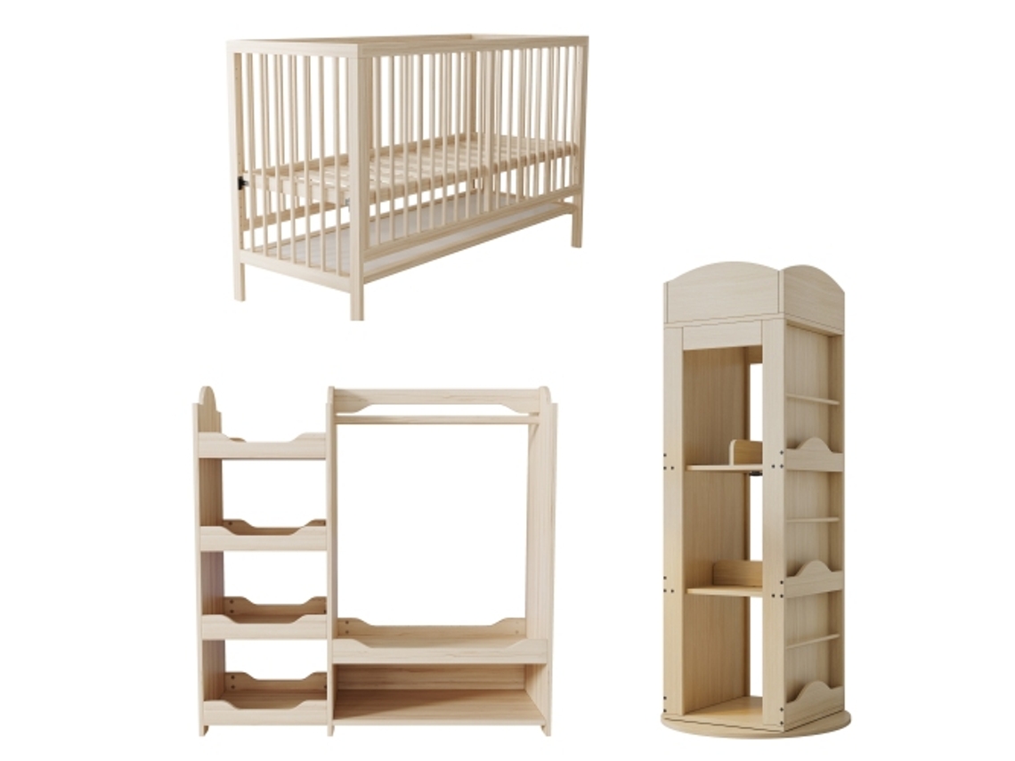 Conjunto De Móveis Infantis:cama De Madeira Multifuncional Para Bebê + Guarda-roupa + Estante Giratória,combinação De Móveis Multifuncionais.