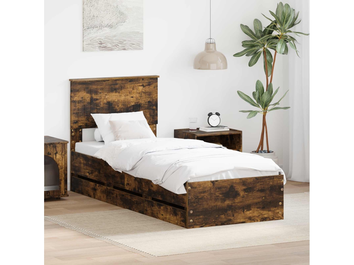 Vidaxl Estrutura Da Cama Com Gaveta Carvalho Defumado 75 X 190 Cm