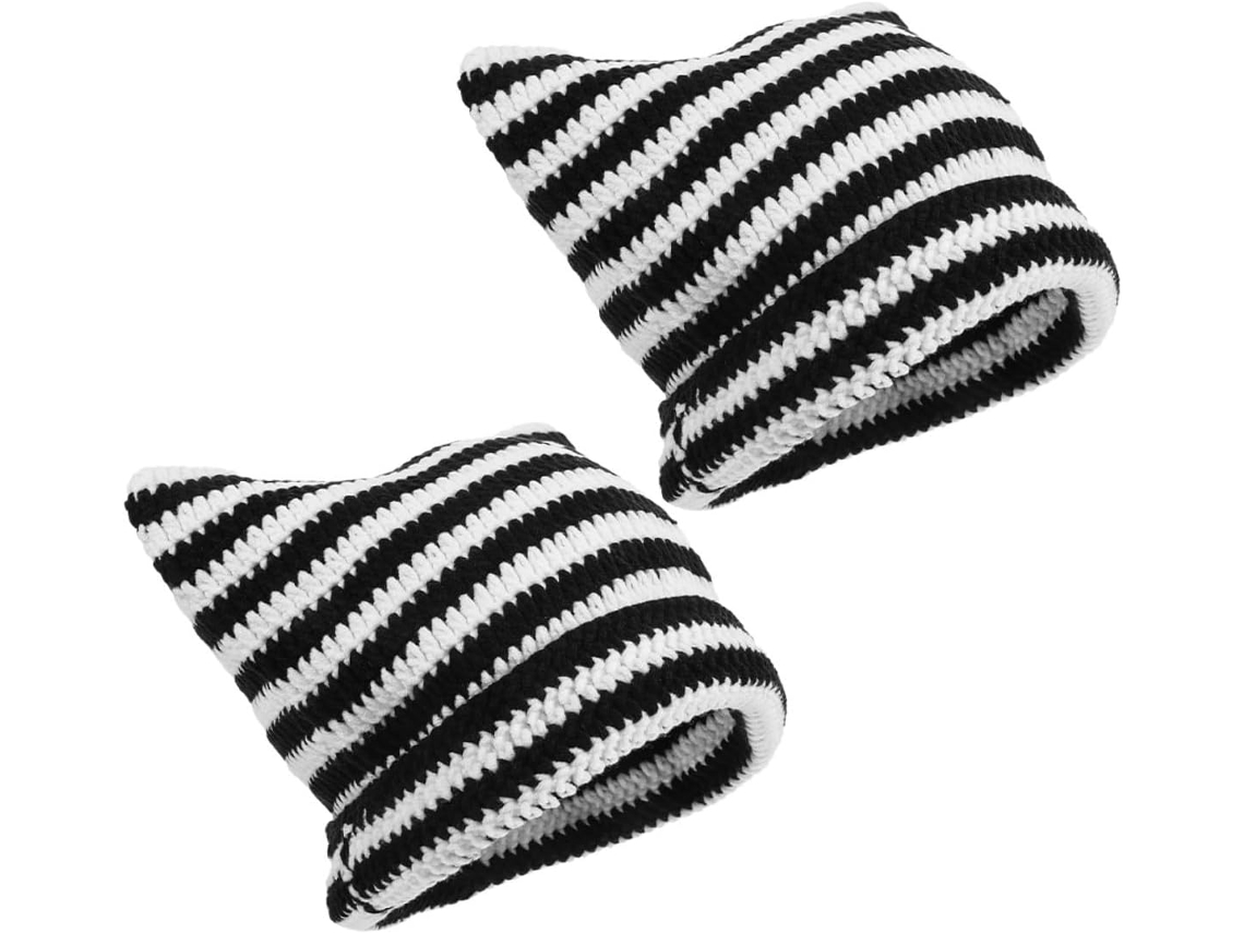 De Gorro E Touca De Crochê Listrado Com Estampa De Gatinho, Feito À Mão, 2 Peças, Confortável E Quentinho Para O Inverno.