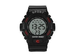 Relógio esportivo eletrônico masculino com visor digital e cristal preto.