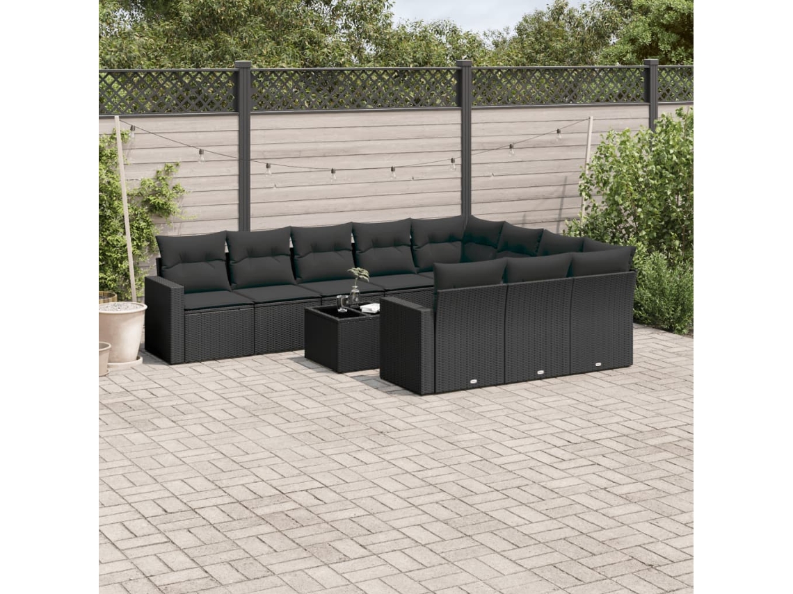 Vidaxl 11 Pcs Conjunto Sofás De Jardim C/ Almofadões Vime Pe Preto