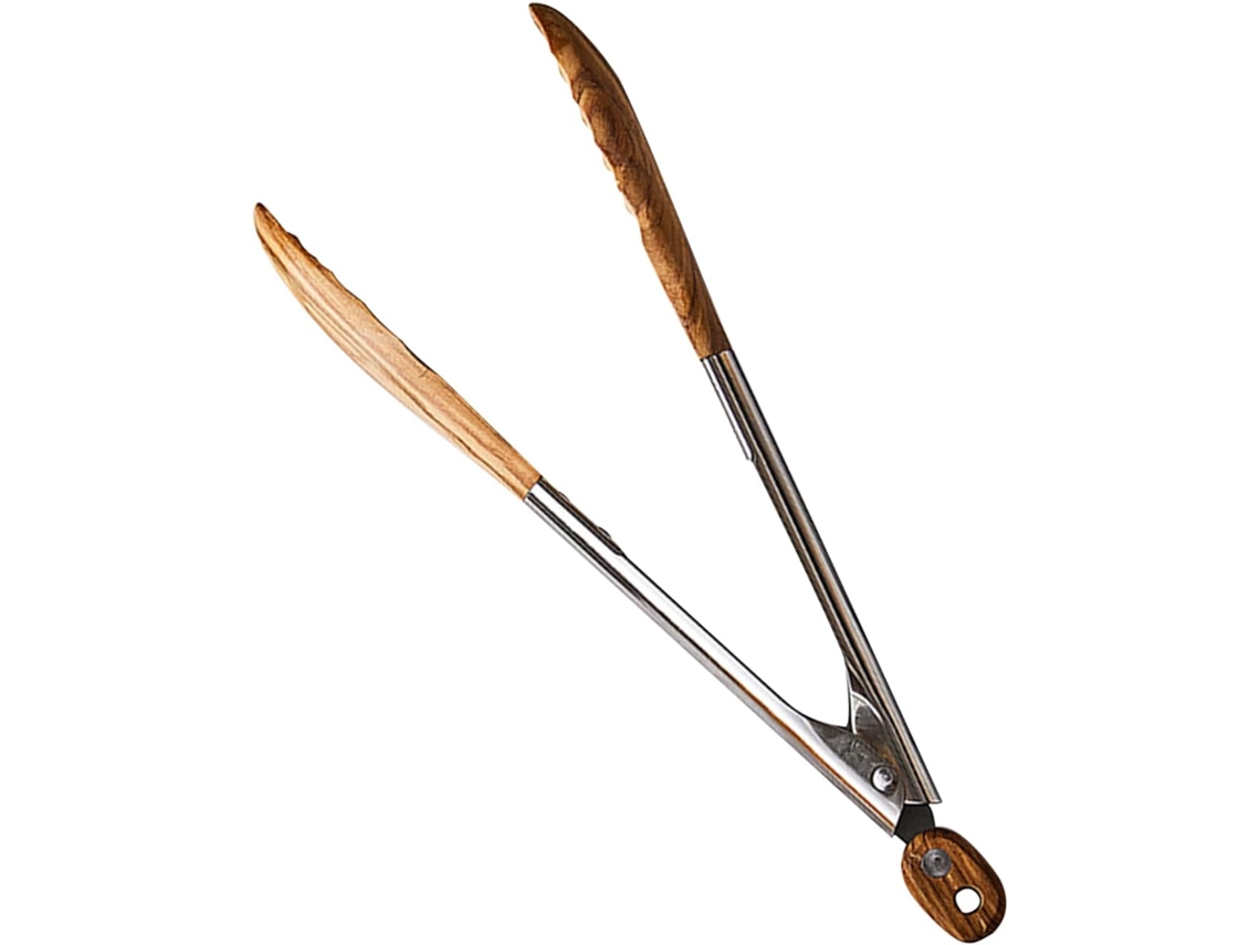 Pinça De Cozinha Aço Inoxidável 30cm Com Cabo Madeira Para Churrasco