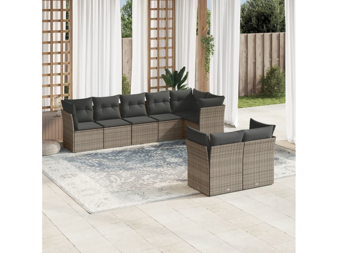 Vidaxl 8 Pcs Conjunto Sofás De Jardim C/ Almofadões Vime Pe Cinzento