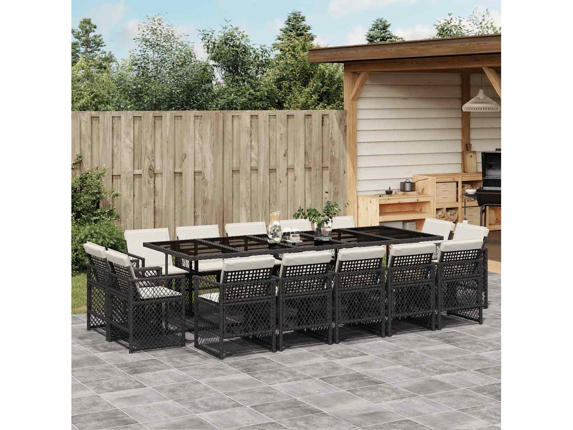 Vidaxl 15 Pcs Conjunto de Jantar P/jardim com Almofadões Vime Pe Preto