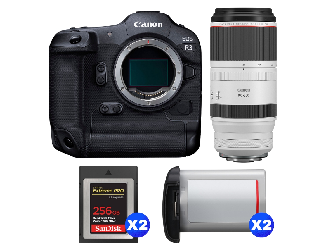 Eos R3 + Rf 100 500mm F/4.5 7.1 L Is Usm + 2 Sandisk 256gb Extreme Pro Cfexpress Type B + 2 Canon Lp e19 + Ebook Pricedirect CANON