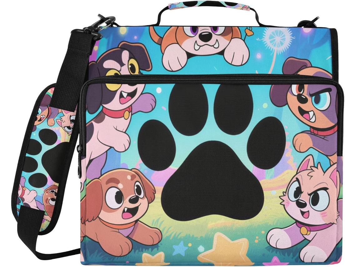 Pasta organizadora de 3,8 cm com estampa de patins e cachorrinho fofos em estilo animado, 3 argolas com altura e detalhe em ombré.