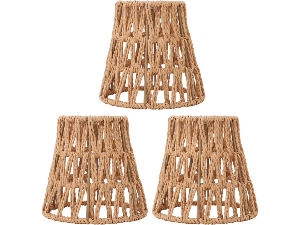 Conjunto De 3 Abajures Estilo Boêmio Em Rattan Sintético Com Encaixe Em Papel E Lâmpada E14 Para Lum Gokoco