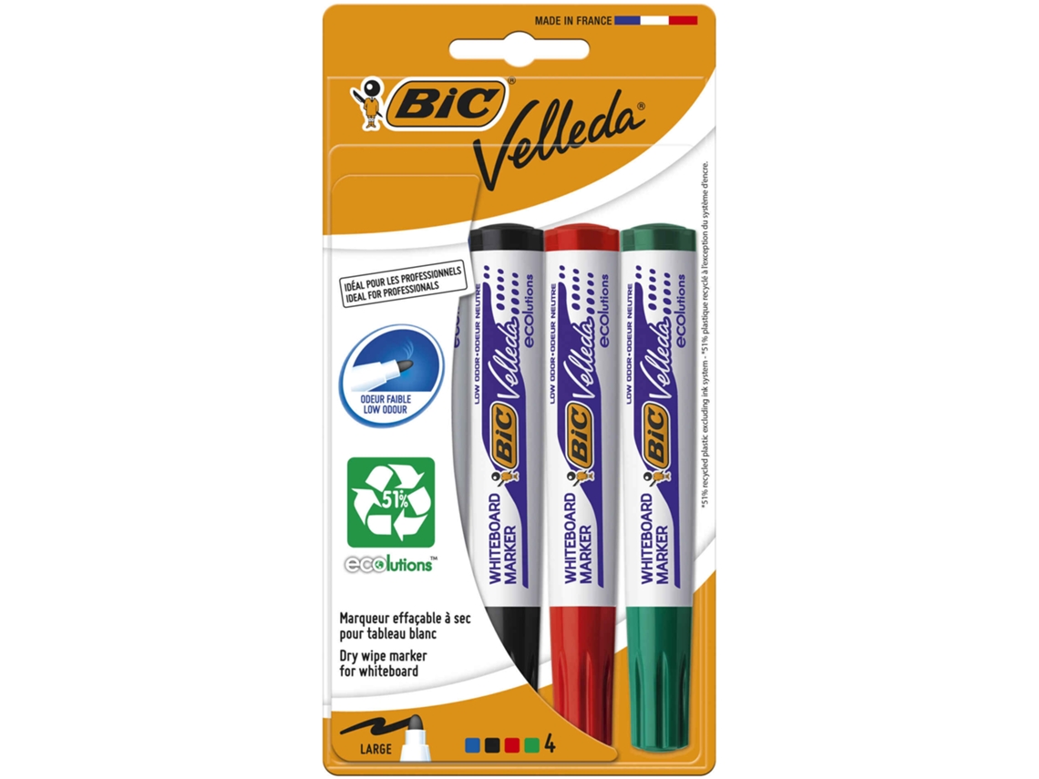 Marcador Velleda Permanente De Tinta Azul, Preta, Vermelha E Verde Bic