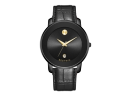 Relógio de Quartzo Masculino MDUG com pulseira de couro preto e ponteiros dourados
