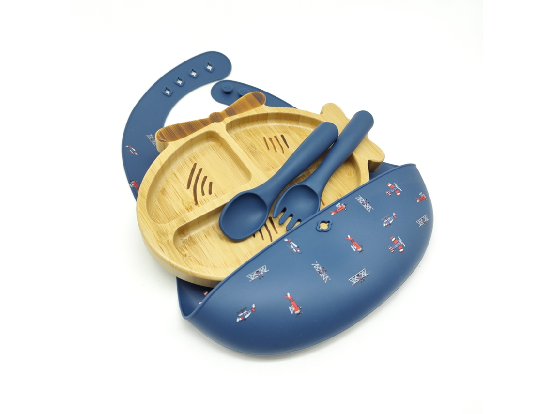Conjunto de Loiça Infantil, Conjunto de 4 Peças, Prato de Bambu. Azul Escuro CZHHMART