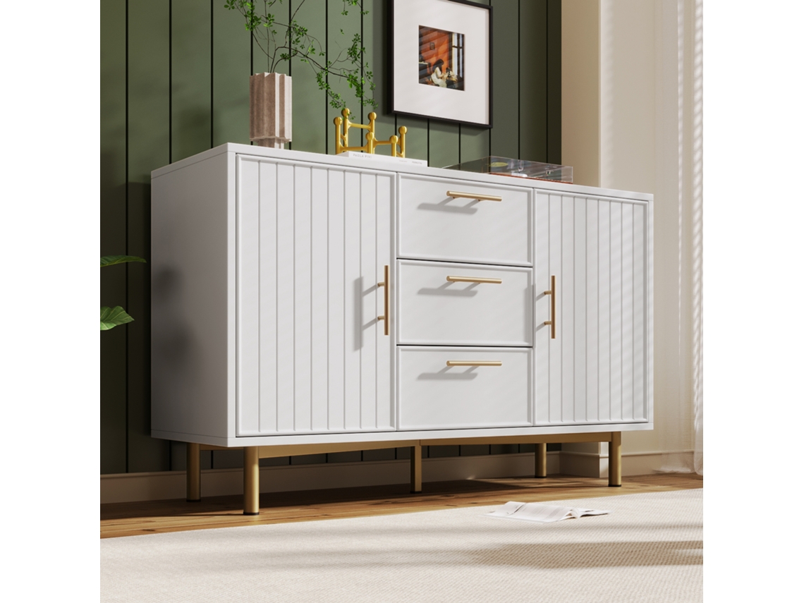Cômoda Branca Com 2 Portas E 3 Gavetas, Prateleira Ajustável Móveis Para Sala E Quarto, Dimensões H75/b120/t40 Cm Mega Echo Trade Shop