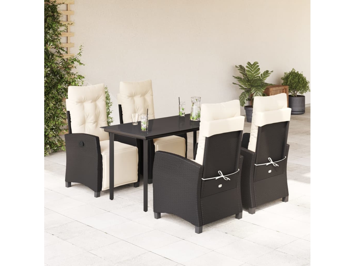 Vidaxl 5 Pcs Conjunto De Jantar P/ Jardim C/ Almofadões Vime Pe Preto