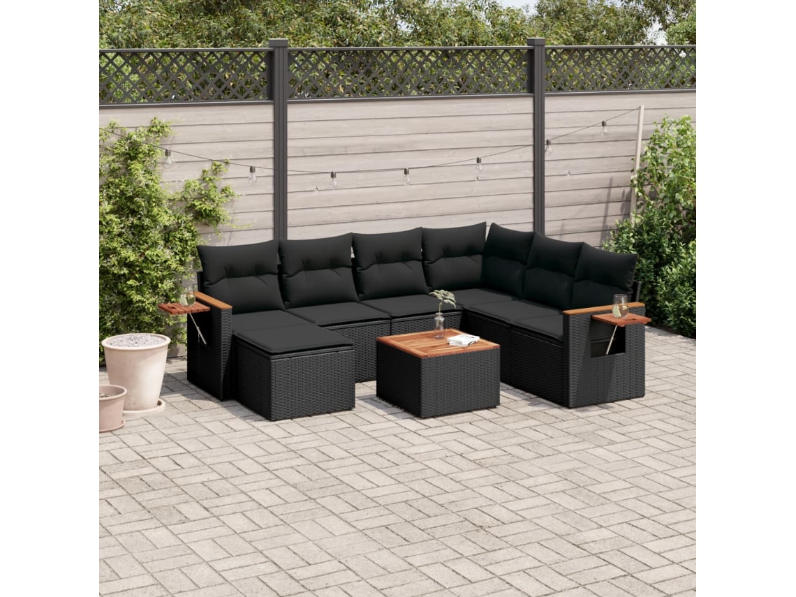 Vidaxl 8 Pcs Conjunto Sofás De Jardim Com Almofadões Vime Pe Preto