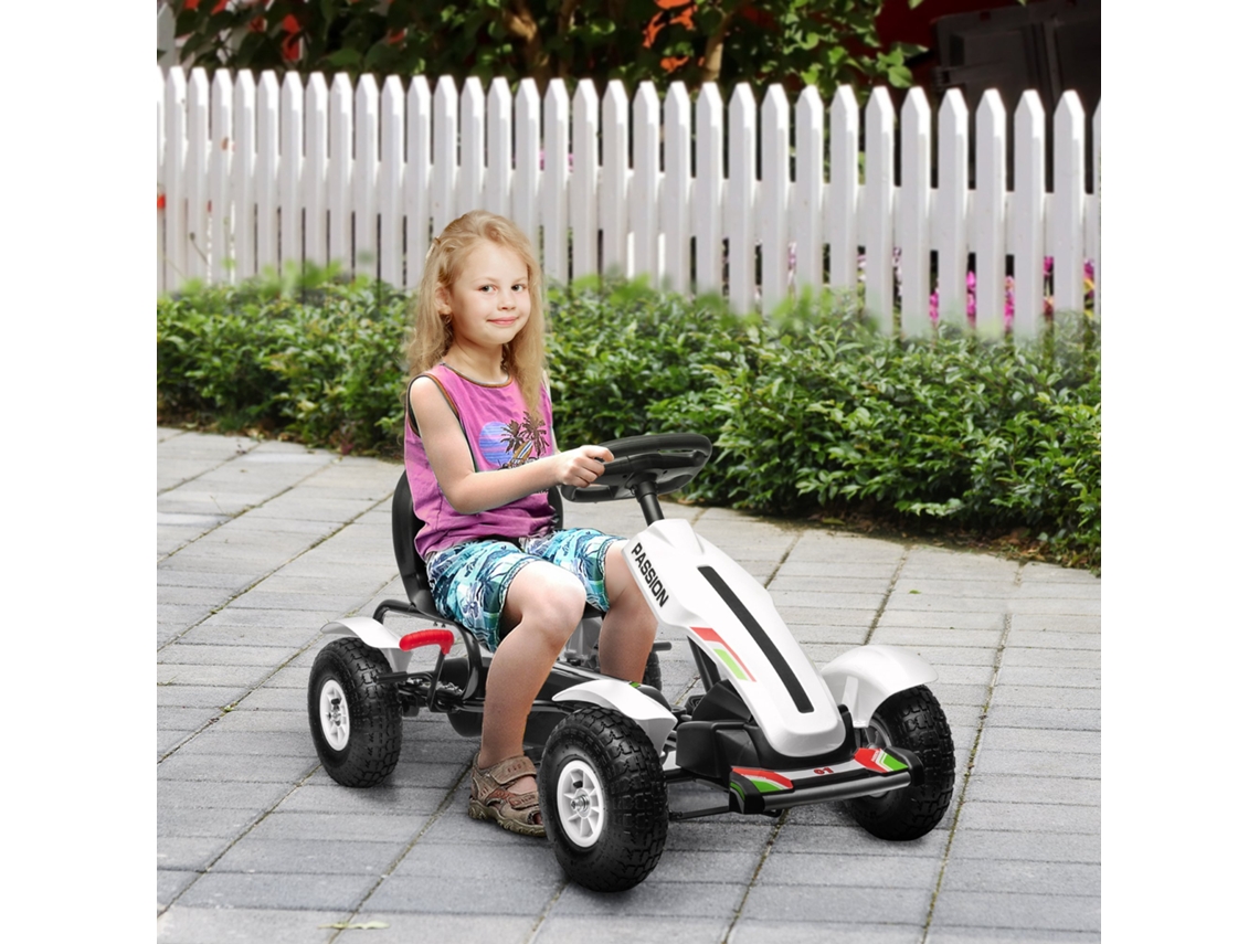 Go Kart A Pedais Para Crianças Com Assento Ajustável Pneus De Borracha Freio De Mão Carga 50 Kg 121x58x61 Cm Branco