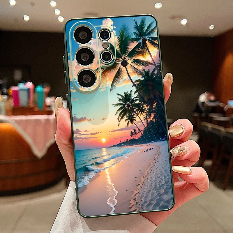 Capa Para Celular Galaxy S25 Com Estampa De Coqueiro À Beira-mar (verde) E Fixação Magnética.