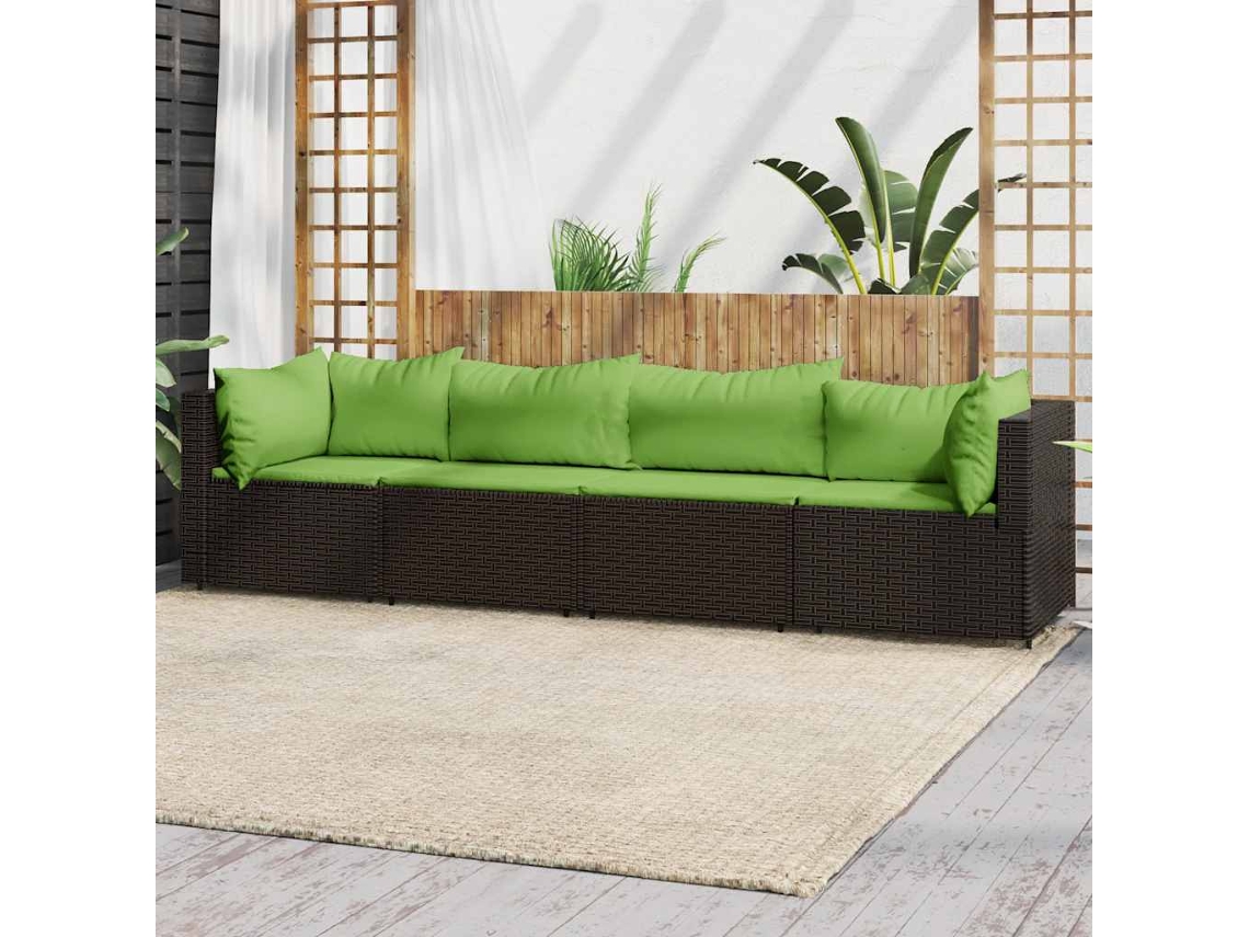 Vidaxl 4 Pcs Conjunto Lounge Jardim C/ Almofadões Vime Pe Castanho