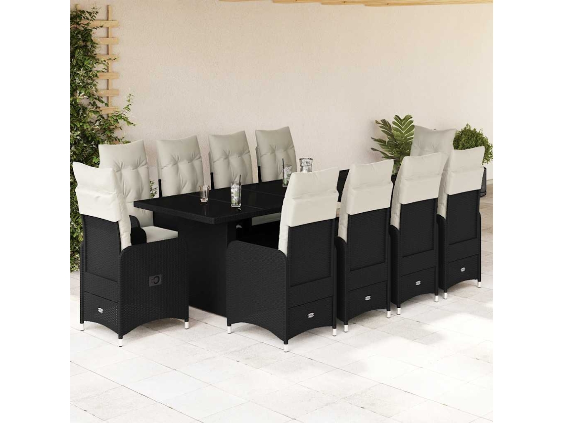 11 Pcs Conjunto De Bistrô P/ Jardim C/ Almofadões Vime Pe Preto Dkd Home Decor