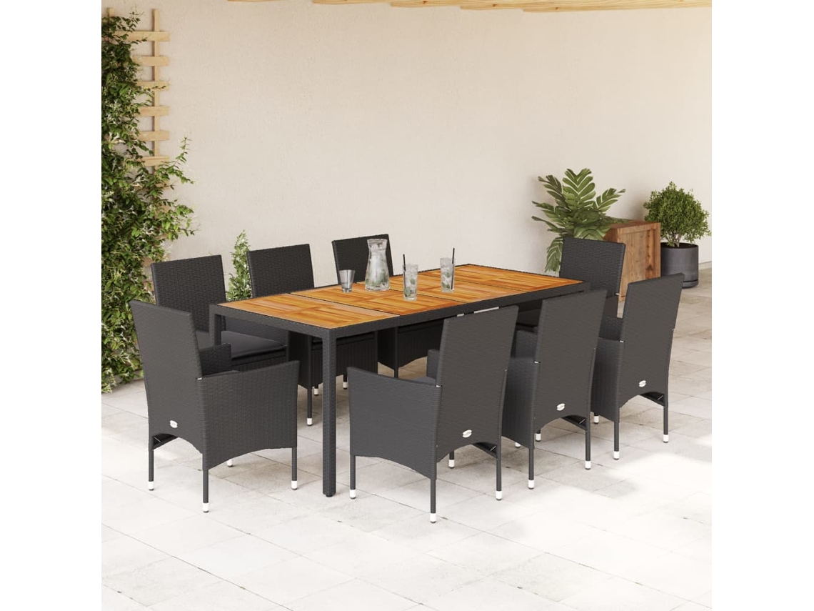 Pcs Conjunto Jantar Jardim C/ Almofadões Vime Pe/acácia Preto Dkd Home Decor
