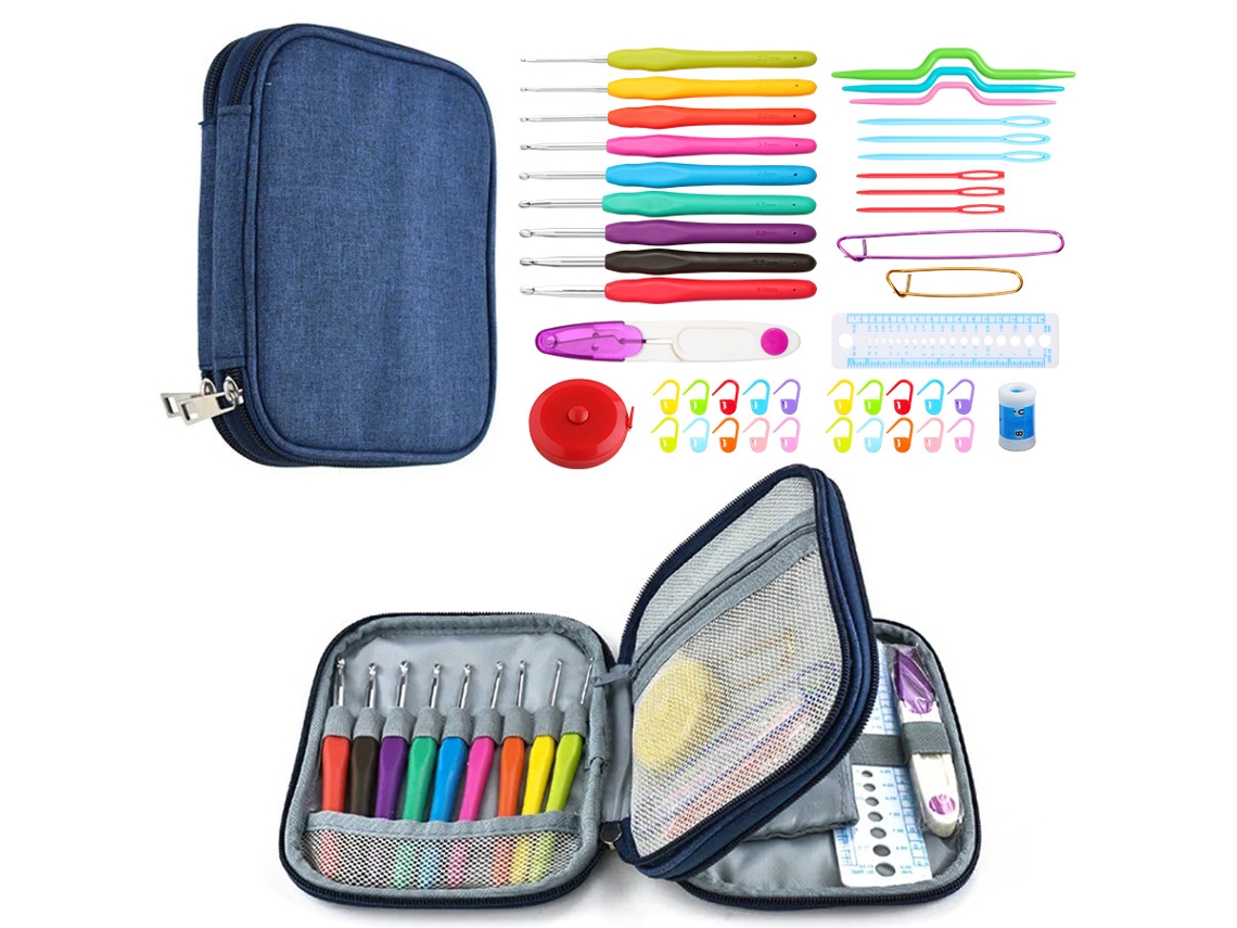 Conjunto 45 Agulhas De Crochet Estojo Com Duplo Zíper Ferramentas De Crochet Para Iniciantes 18×15×3 Cm Dureforward