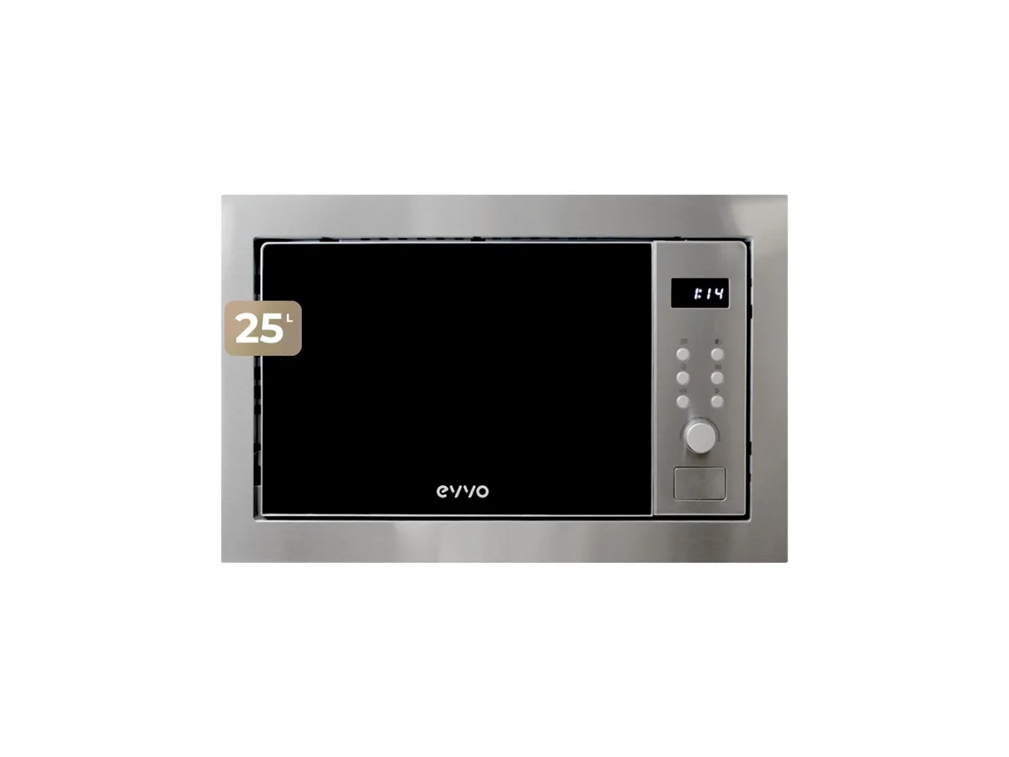 Evvo Micro-ondas Integrável Mi35 Inox, 25l, Grill 1000w, 8 Funções, Multifunção, Temporizador 60 Min, Display Digital, Inox Brilhante
