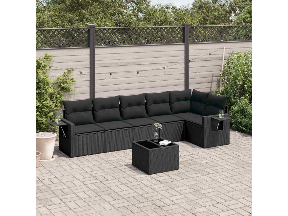 Vidaxl 7 Pcs Conjunto De Sofás P/ Jardim C/ Almofadões Vime Pe Preto