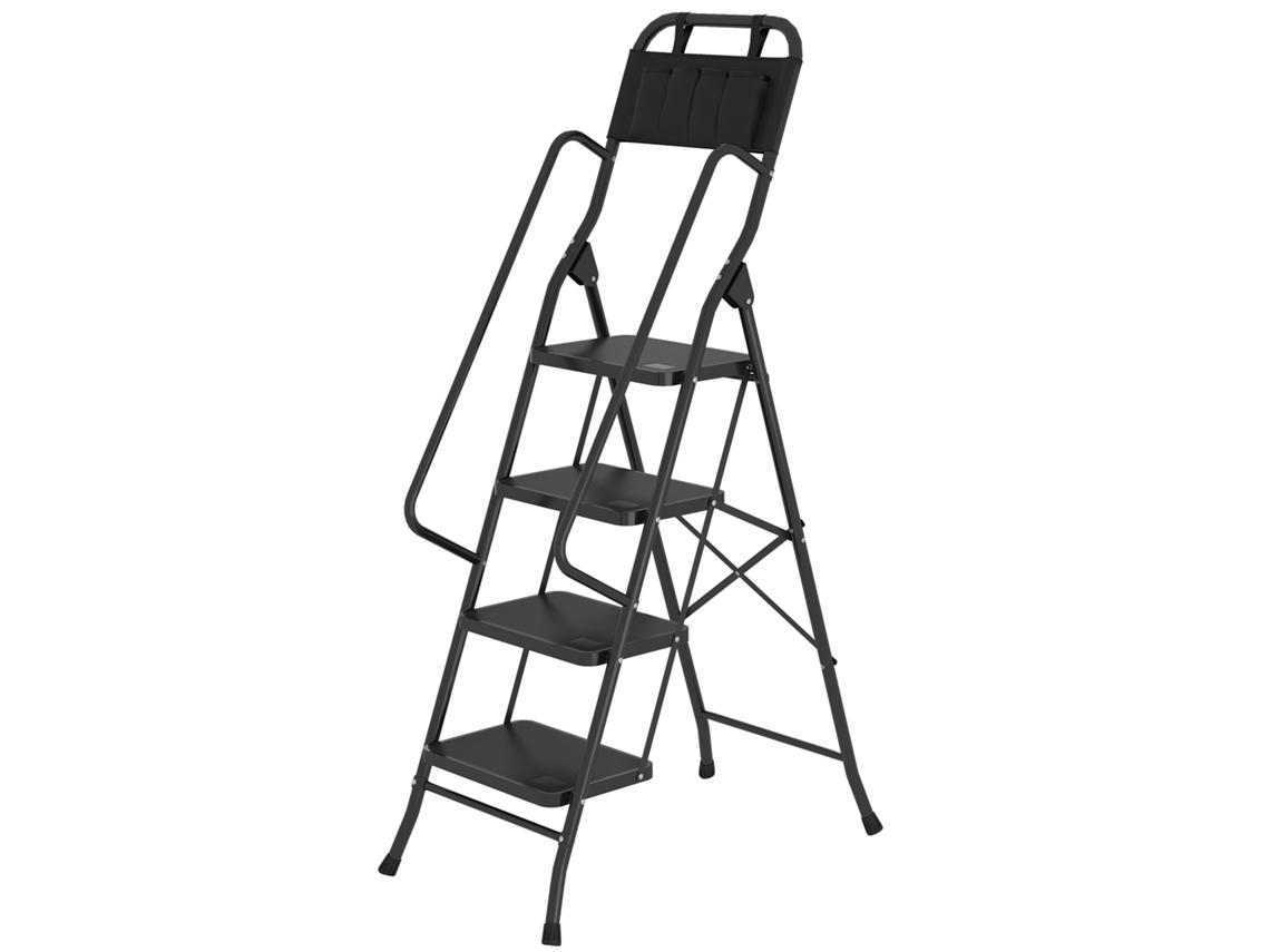 Escada Dobrável Com 4 Degraus De Metal Com Apoio Para Os Braços E Suporte Para Ferramentas Carga Máxima 150 Kg 50x83x157,5 Cm Preto
