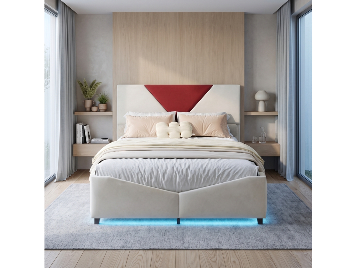 Cama Casal Geométrica 140x190 Cm Com Sistema Elevável Hidráulico De Arrumação, Iluminação Led, Cama Estofada Com Tecido De Veludo, Bege