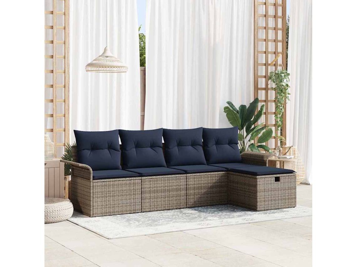 Vidaxl Conjunto De Sofá De Jardim 5 Unid. Cinza E Azul Marinho Vime Pe