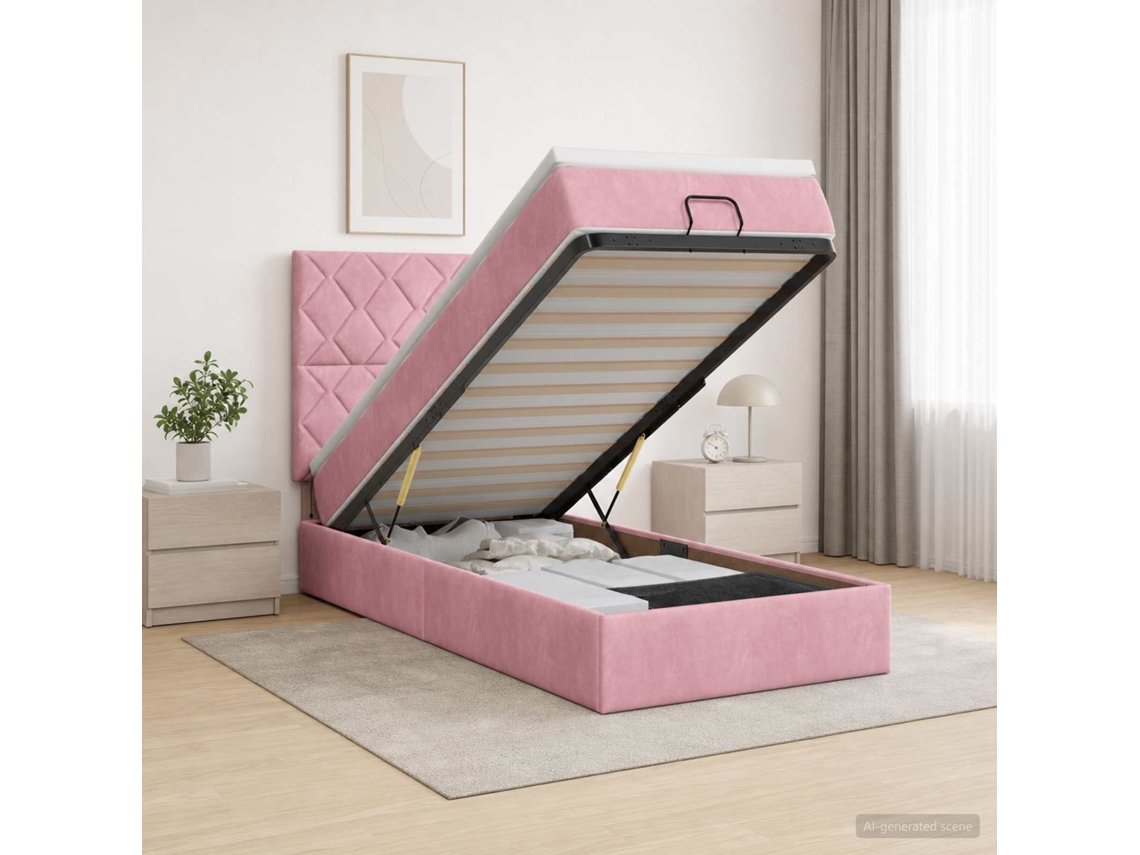 Vidaxl Cama Ottoman Com Colchão Com Cabeceira Rosa 90 X 200 Cm Veludo