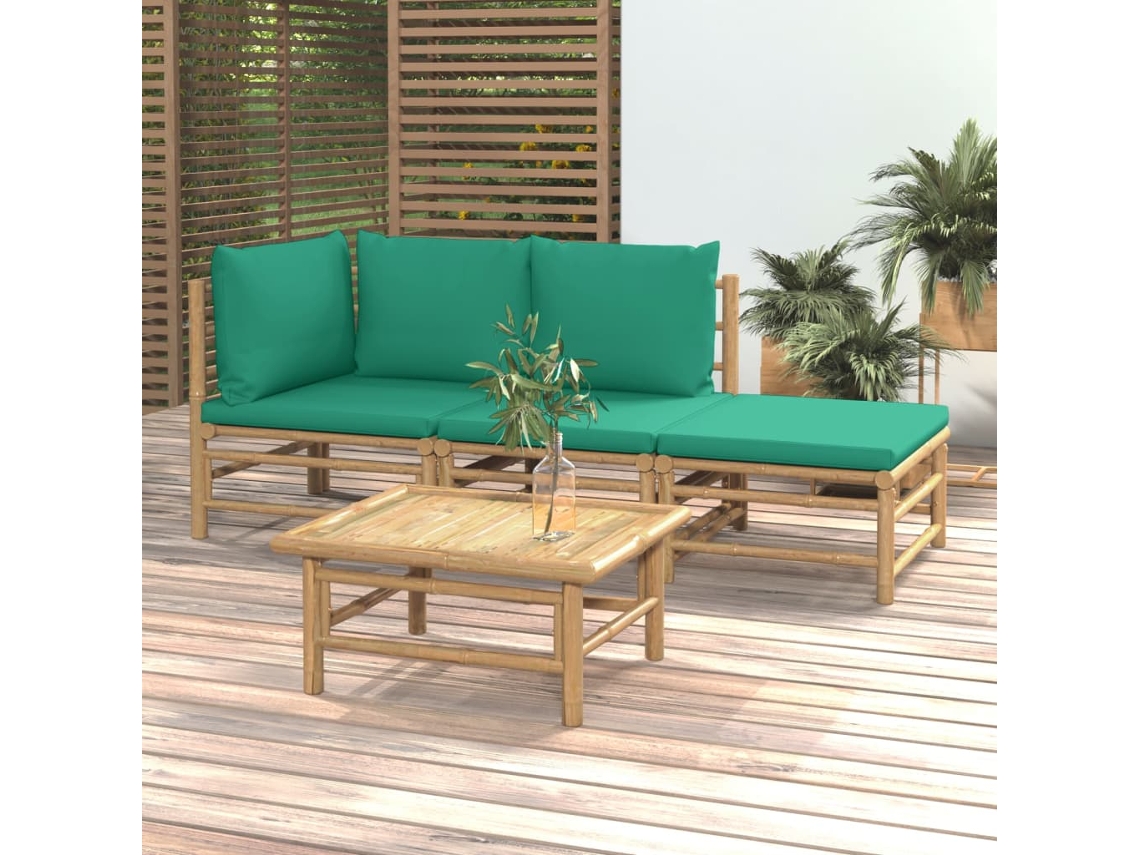 Vidaxl 4 Pcs Conjunto Lounge De Jardim Bambu C/ Almofadões Verdes