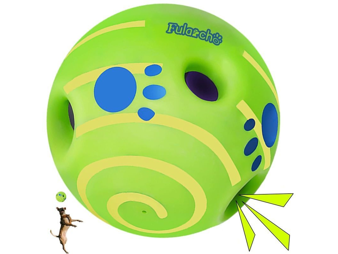 Bola para cães de 14 cm (2026) com apito e listras verdes, brinquedo interativo seguro e durável.