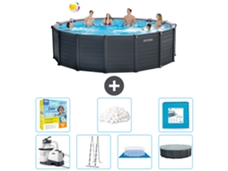 Piscina de Painel Redondo Cinza Grafite INTEX 478 X 124 Cm Inclui Bomba Escada Lençol Cobertura Acessórios Cb48