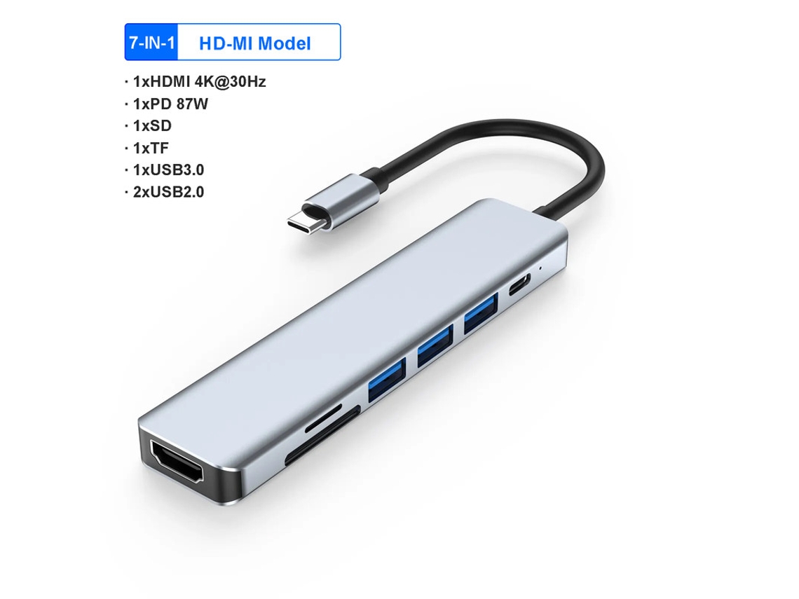 Yizhood Docking Station USB C Adaptador Suporte 4k Hdmi 7 Em 1 USB 3.0 Hub Tipo C Para Hdmi PD 87w Para Laptop Macbook Pro Cinza