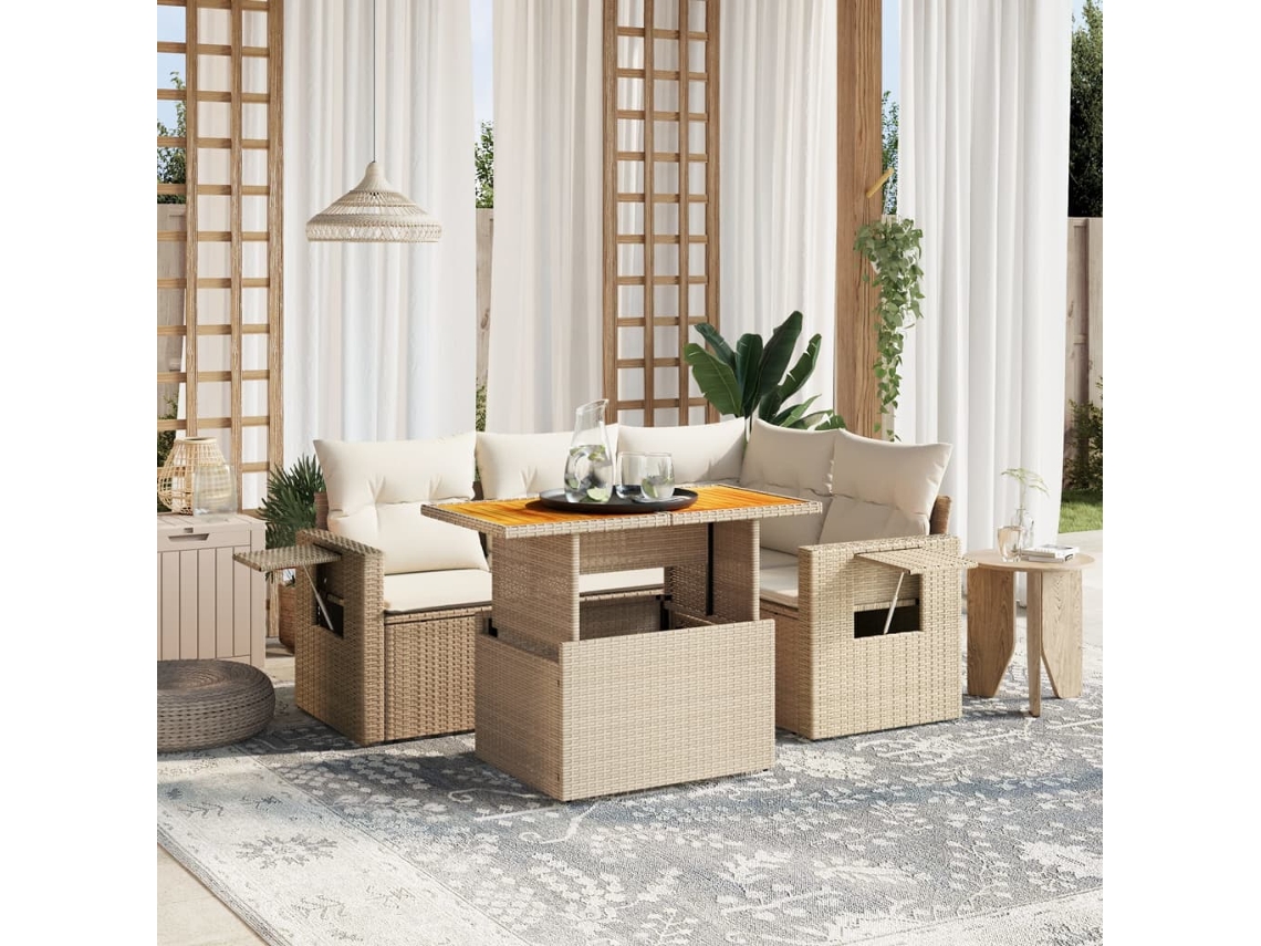 Vidaxl 5 Pcs Conjunto De Sofás P/ Jardim Com Almofadões Vime Pe Bege