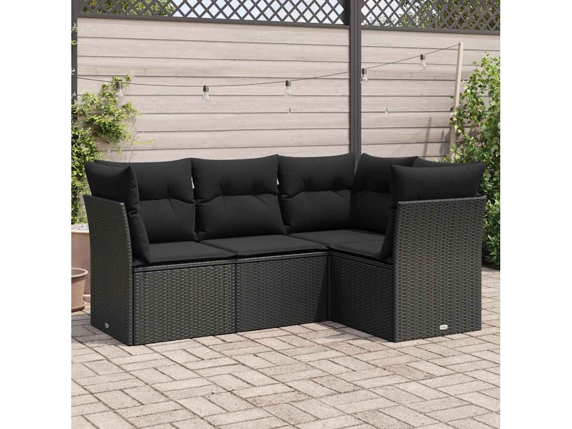 Vidaxl 4 Pcs Conjunto De Sofás Para Jardim C/ Almofadões Vime Pe Preto