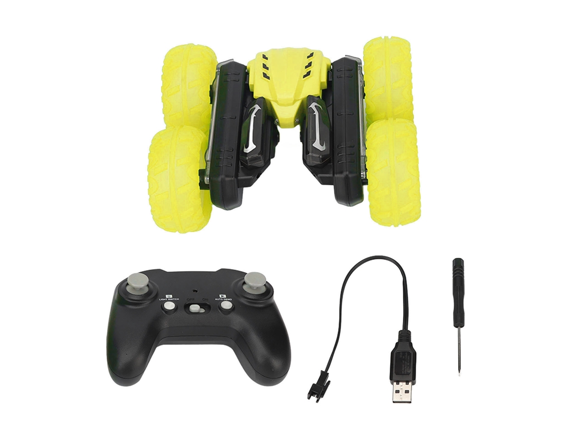 Carro De Stunt Controle Remoto 2.4g Alto Speed Efeito De Luz Com Texto Dobro Lado Amarelo Para 8+ Anos