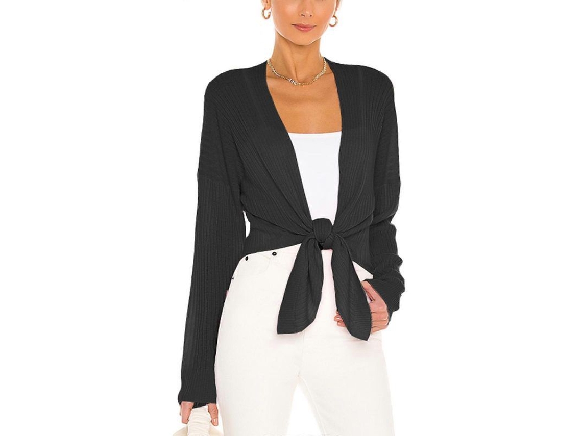 Jaqueta Cropped De Manga Longa Com Laço Para Mulher - Leve, Transparente E Versátil Para Qualquer Ocasião Preto