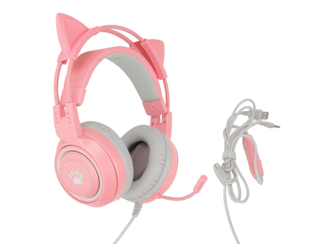 Fone De Ouvido Gamer Com Orelhas De Gato Usb+3.5mm Ajuste De Volume Microfone Mudo Rosa
