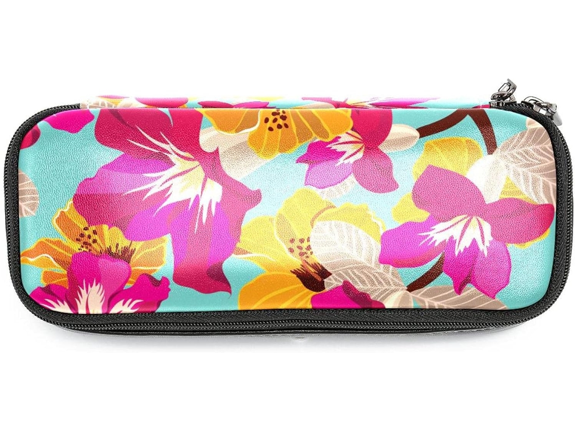 Conjunto grande com lápis e marcadores de estampa floral tropical vibrante, ideal para escola, mesa de trabalho e adultos.