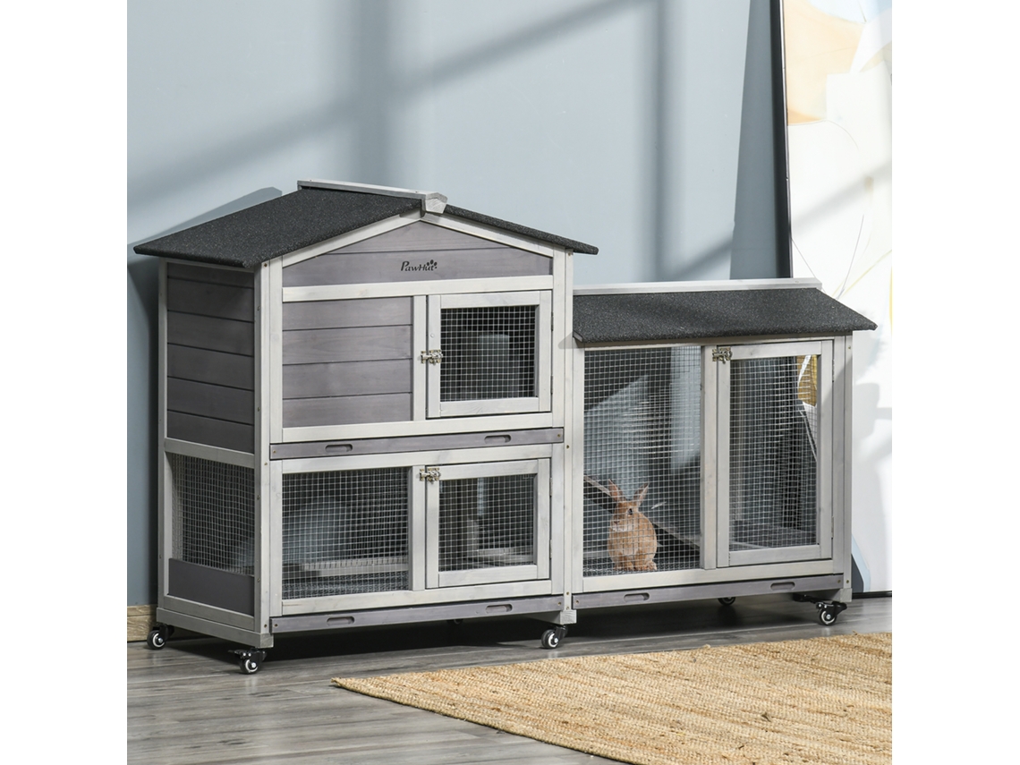 Cabana para pequenos animais em pinho e aço, 157,4x53x99,5cm, 2 andares, rodas, telhado de asfalto, cinza | S/MARCA