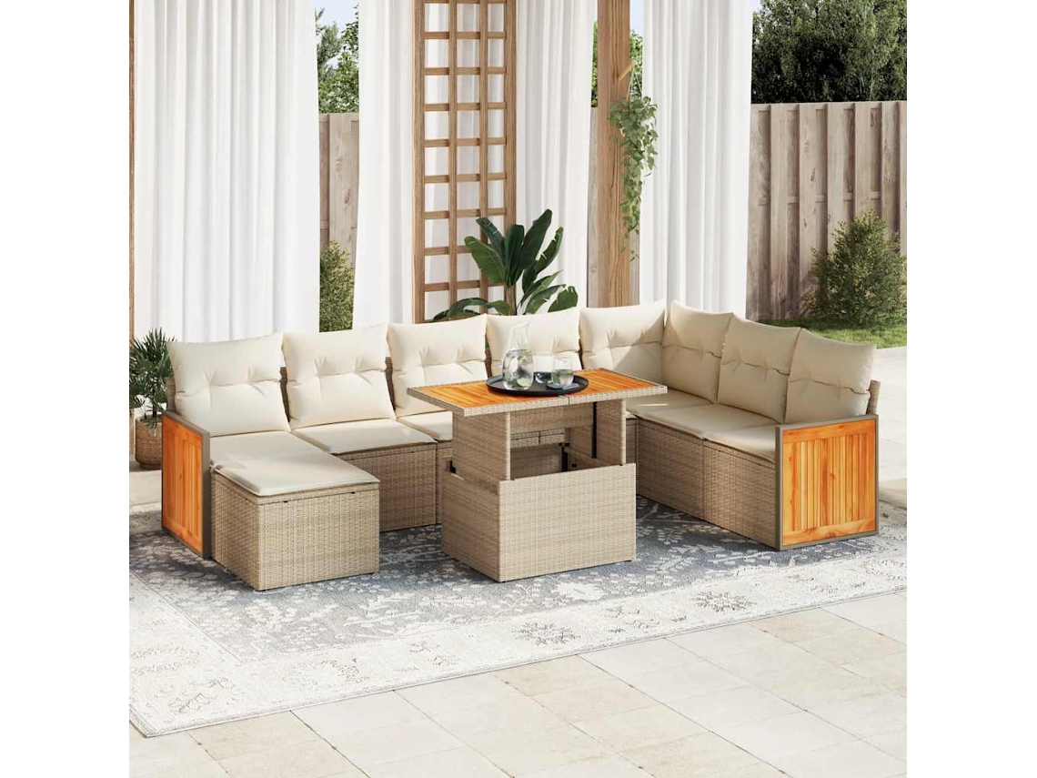 Vidaxl 9 Pcs Conjunto Sofás Jardim Com Almofadões Vime Pe/acácia Bege