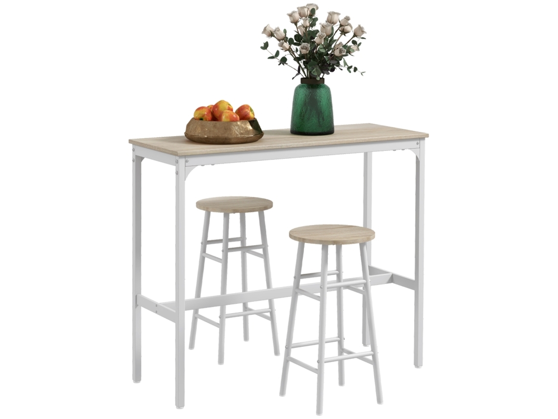 Mesa Alta De Bar Com 2 Banquetas,estrutura De Aço Resistente E Tampo Em Madeira Natural,ideal Para 2 Pessoas,cor Branca
