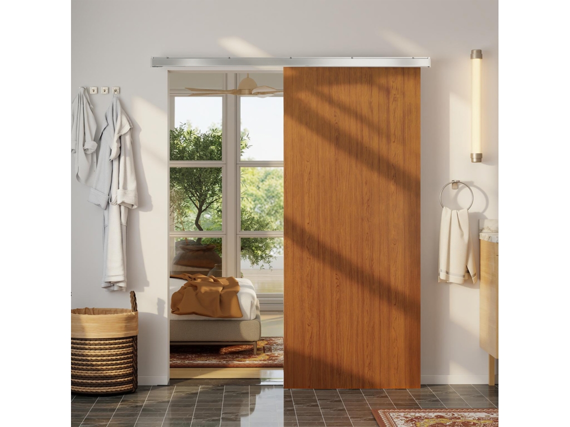 Porta De Correr Com Ferragens 90x210 Cm Com Rolos, Trilho De Alumínio E Guia De Chão, Castanho